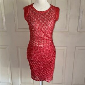Sea New York Coral Lace Overlay Ruched Bodycon Mini Dress